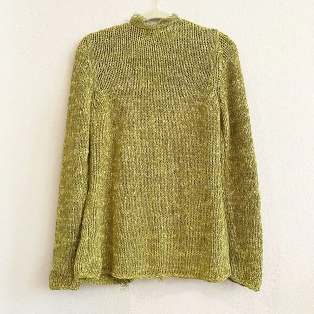 Chicos Womens Sweater 2 Large Green Open Front Chunky‎ Knit One Button Cardigan